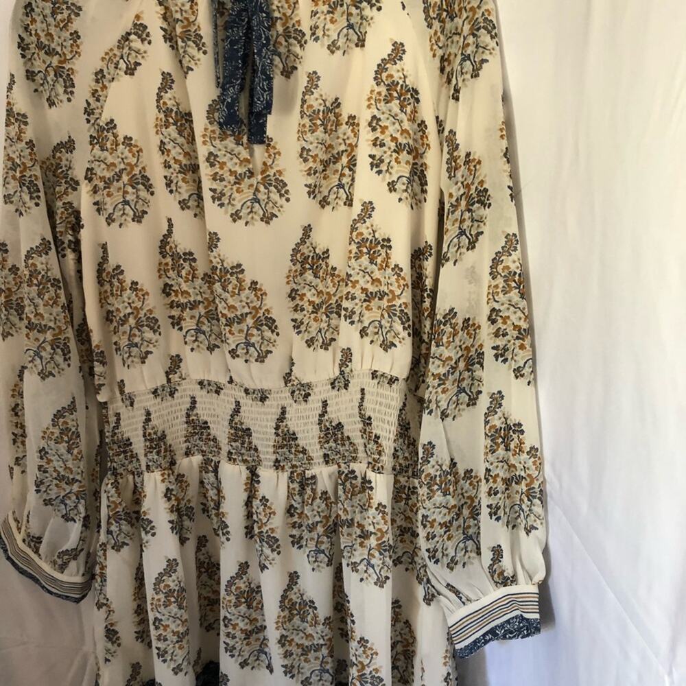 Lucky Brand Georgette Mixed Print Peasant Long Sleeve Dress Ivory Blue Small NEW - Picture 3 of 8